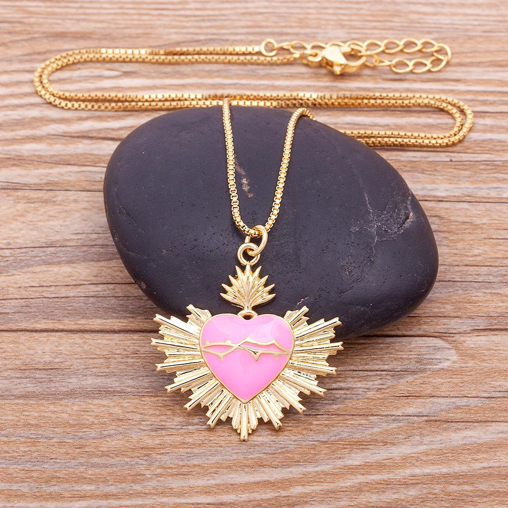 Enamel Dripping Oil Heart Medal Pendant and Chain Necklace