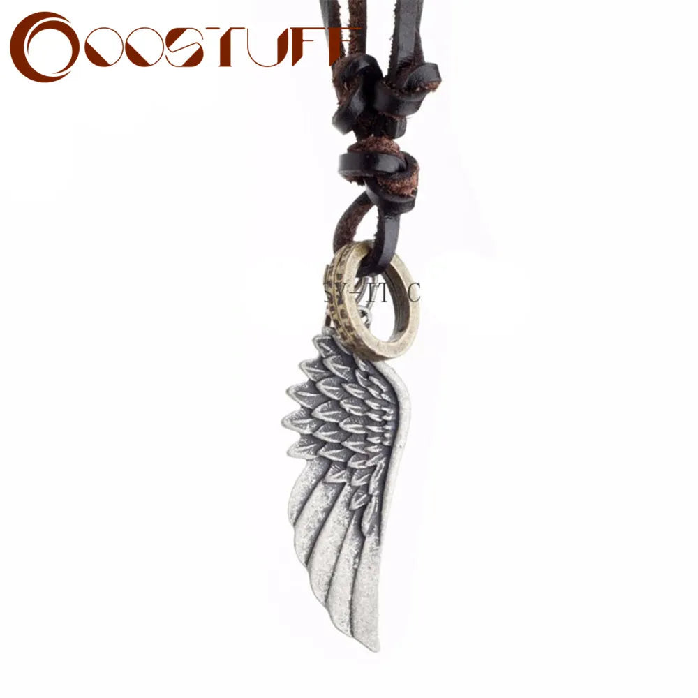 Genuine Leather Long Rope adjustable Necklace and Angel Wing Pendant