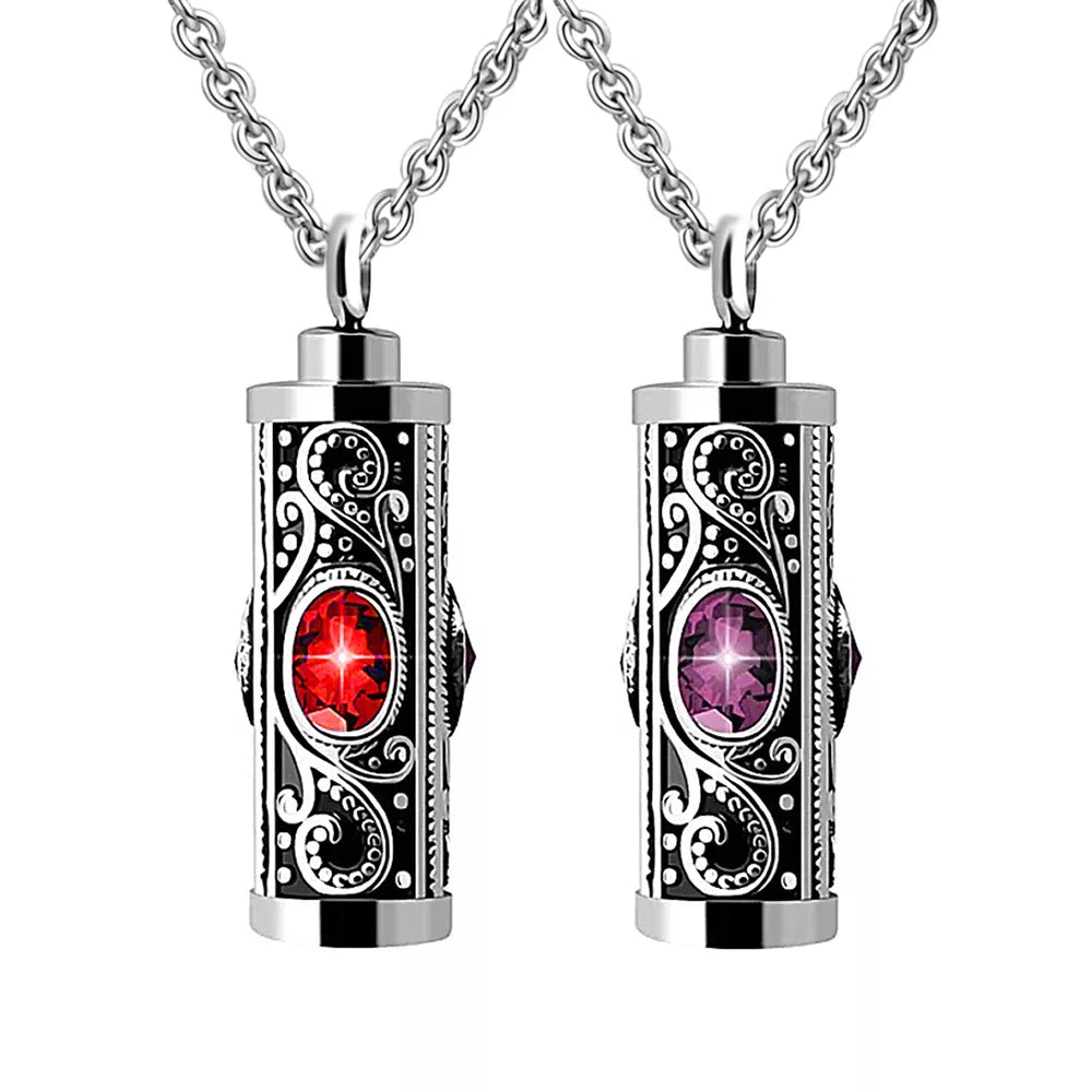 Stainless Steel Keepsake Necklace with Cremation Urn Pendant and Crystal Details