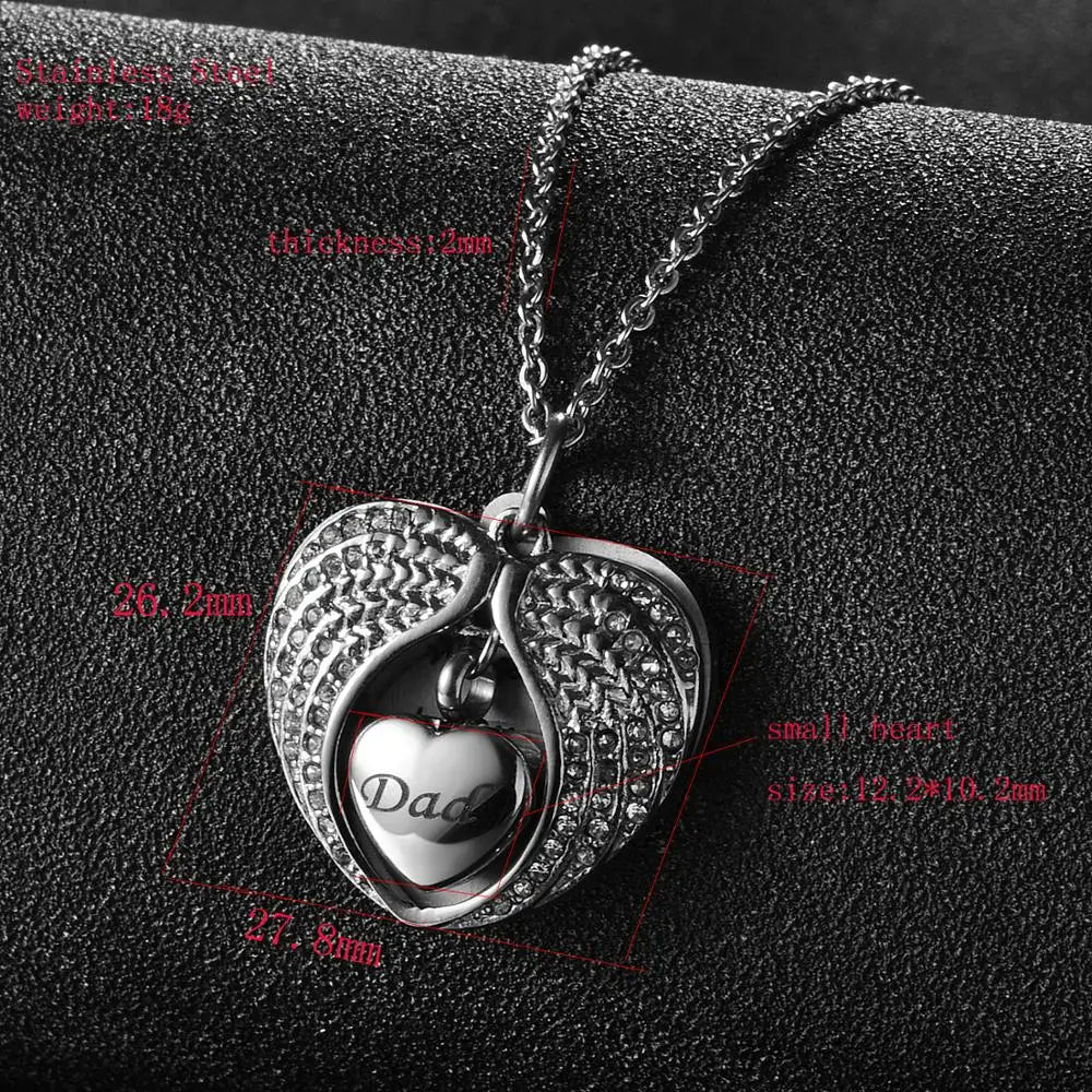 Stainless-Steel Necklace with Angel Wing Heart and Cremation Urn Keepsake Pendant