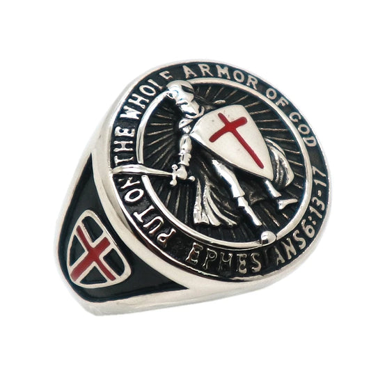 Unisex 316L Stainless Steel Saint Paul Ephesians "Put On The Whole Armor Of God" Cross Knight Protect Ring