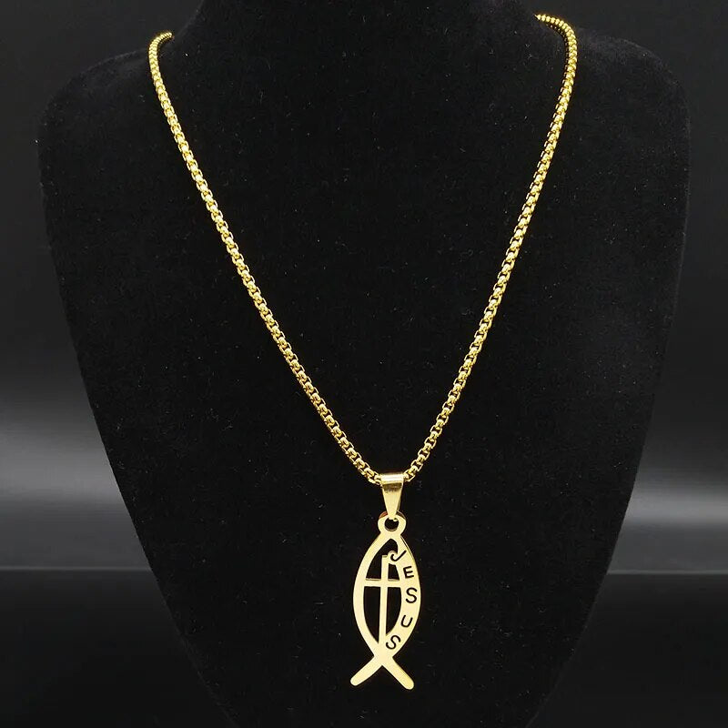 Ichthys Jesus Fish Cross Stainless Steel Chain Necklace for Women Gold Color Necklaces Pendants Jewellery colgantes N1482S02