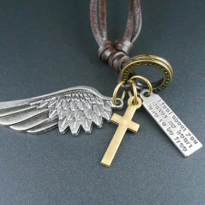 Genuine Leather Long Rope adjustable Necklace and Angel Wing Pendant