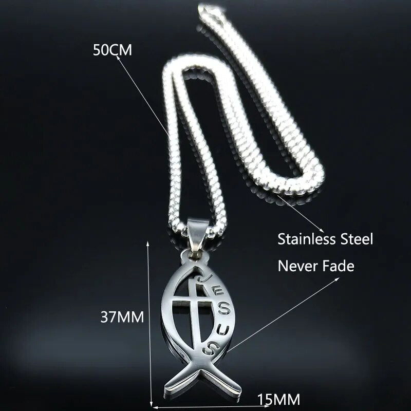 Ichthys Jesus Fish Cross Stainless Steel Chain Necklace for Women Gold Color Necklaces Pendants Jewellery colgantes N1482S02