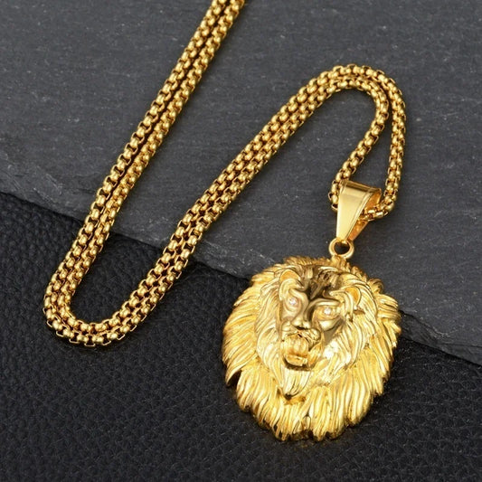 Long hair lion head with crystal inlaid pendant necklace