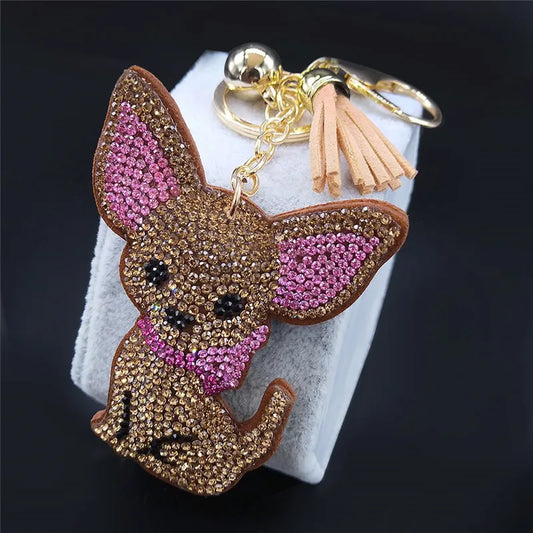 Cute Chihuahua Dog Crystal Keychain Bag Accessories for Women Gold Color Female Keyring Jewelry llaveros para mujer K7326S01