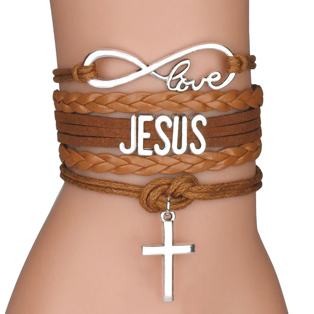 Multilayer Jesus Loves Letter Leather Bracelet Multilayer Wrap Cross Christian Leather Bracelets for Men Women Classic Jewelry