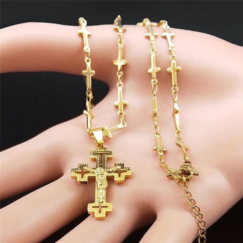 Christian Cross Jesus Stainless Steel Necklace for Women/Men Gold Color Crucifix Rosary Chain Jewelry rosario hombre N7237S02