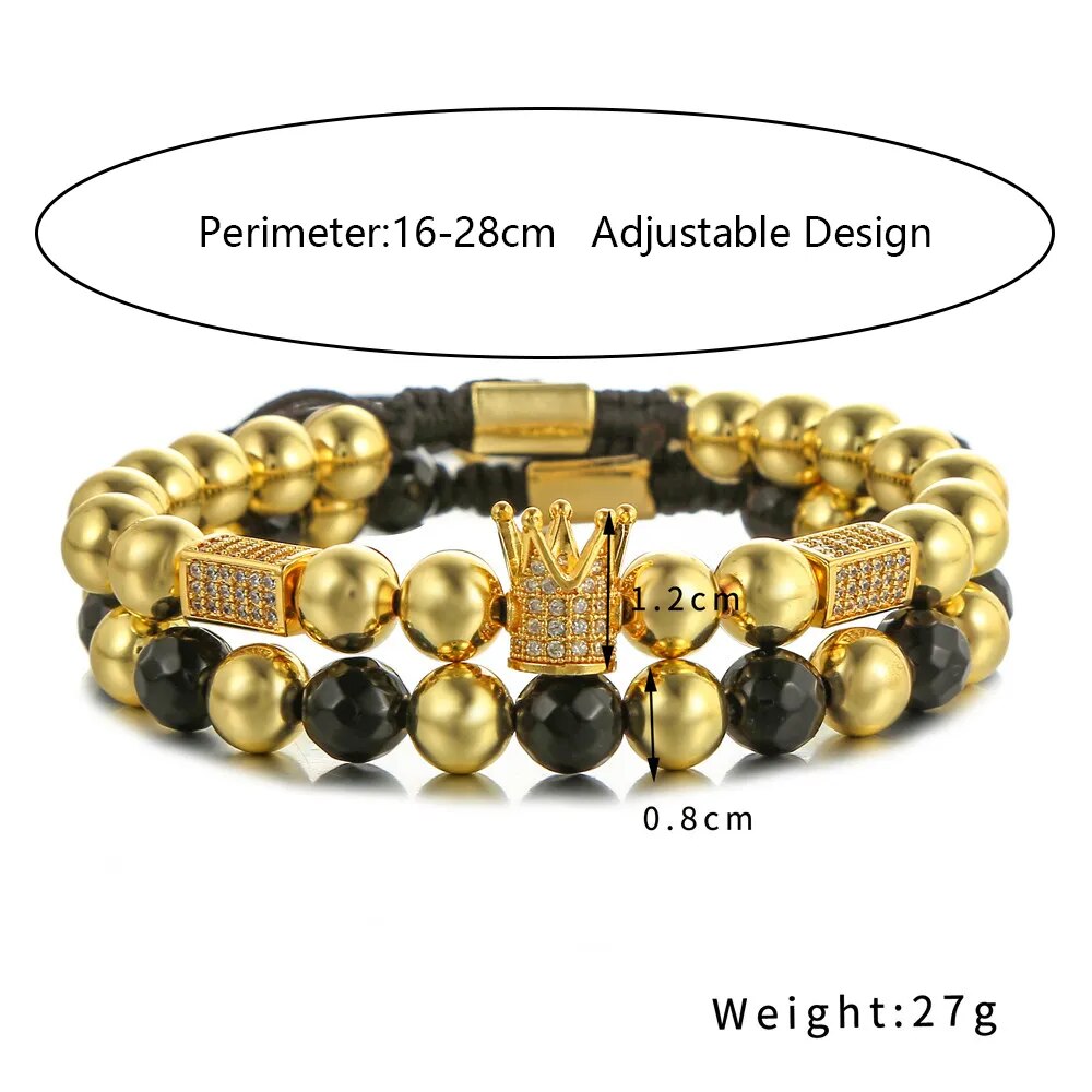 8mm White Stone Beads Bracelet 2pcs/Set Mens Jewellery CZ Crown Charm Bracelets For Women Fashion Armband Cuff New Aarrival
