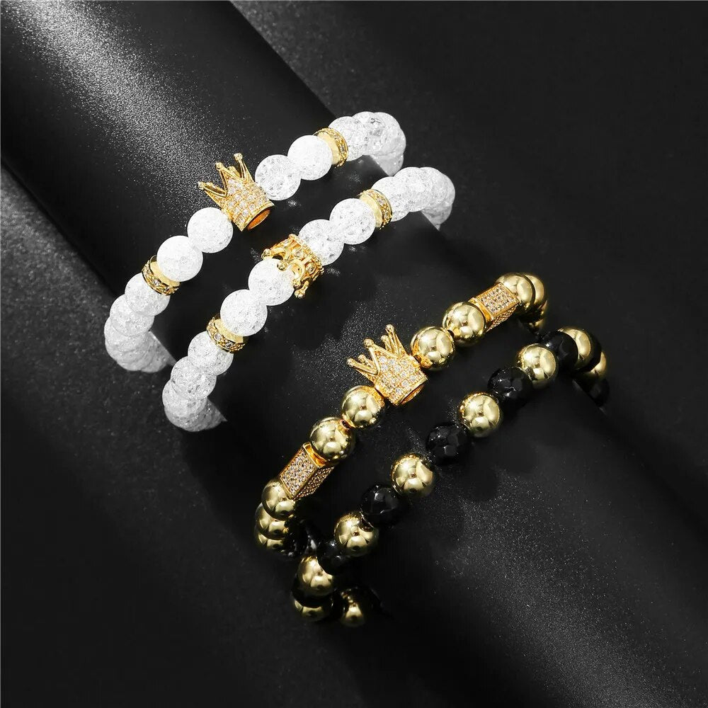 8mm White Stone Beads Bracelet 2pcs/Set Mens Jewellery CZ Crown Charm Bracelets For Women Fashion Armband Cuff New Aarrival