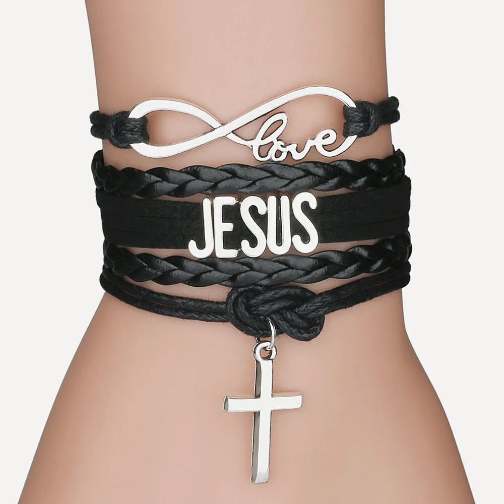 Multilayer Jesus Loves Letter Leather Bracelet Multilayer Wrap Cross Christian Leather Bracelets for Men Women Classic Jewelry