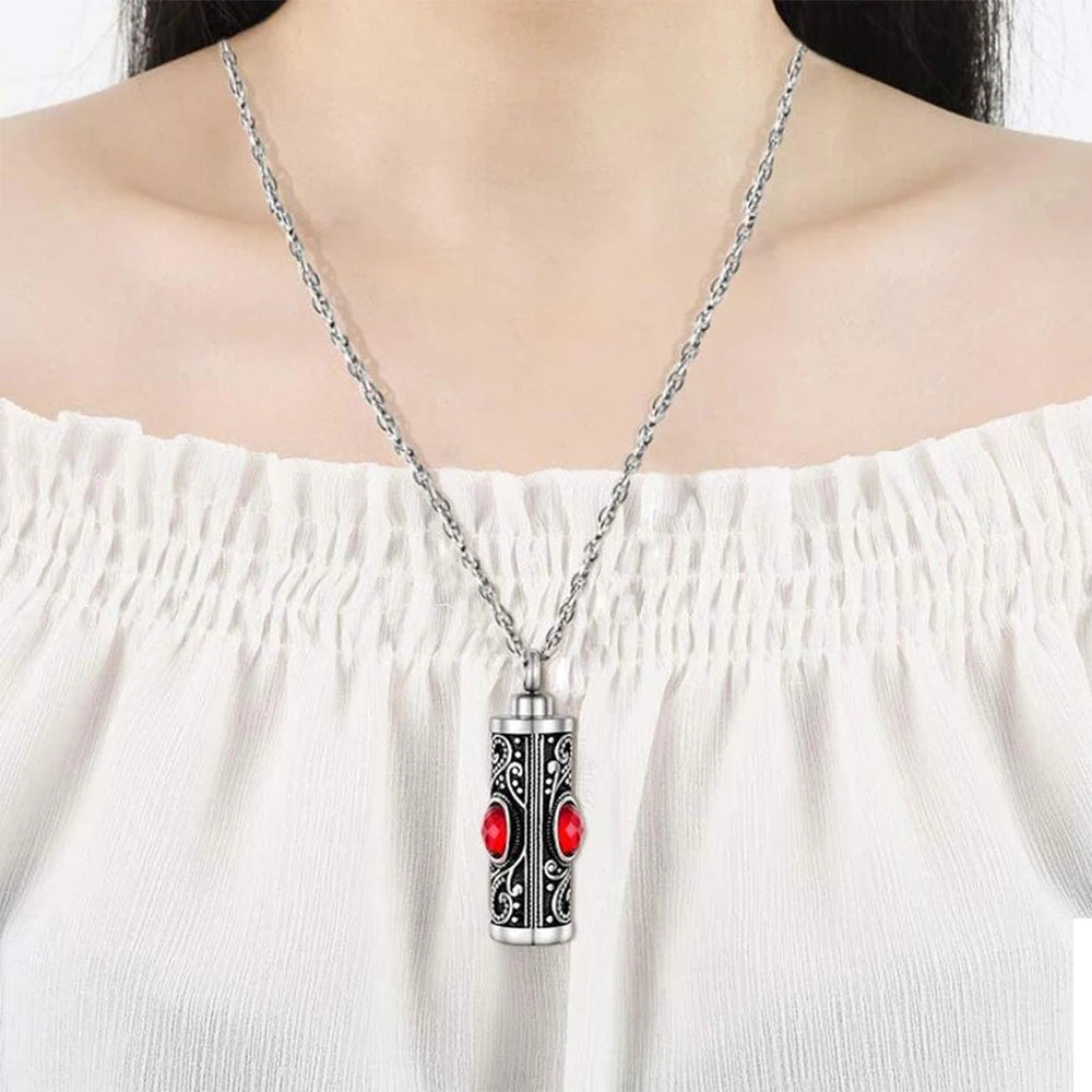 Stainless Steel Keepsake Necklace with Cremation Urn Pendant and Crystal Details