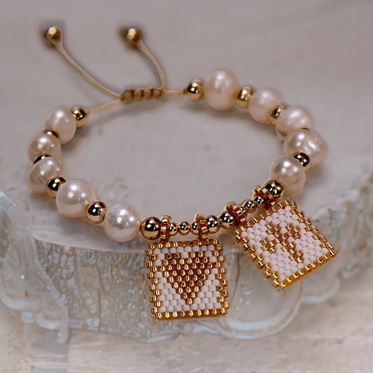 Woven Pearl Cross Heart Bracelet Beaded Miyuki Boho Christian Religious Charm Jewelry Womens 2023 Fashion Love Blessing Gift