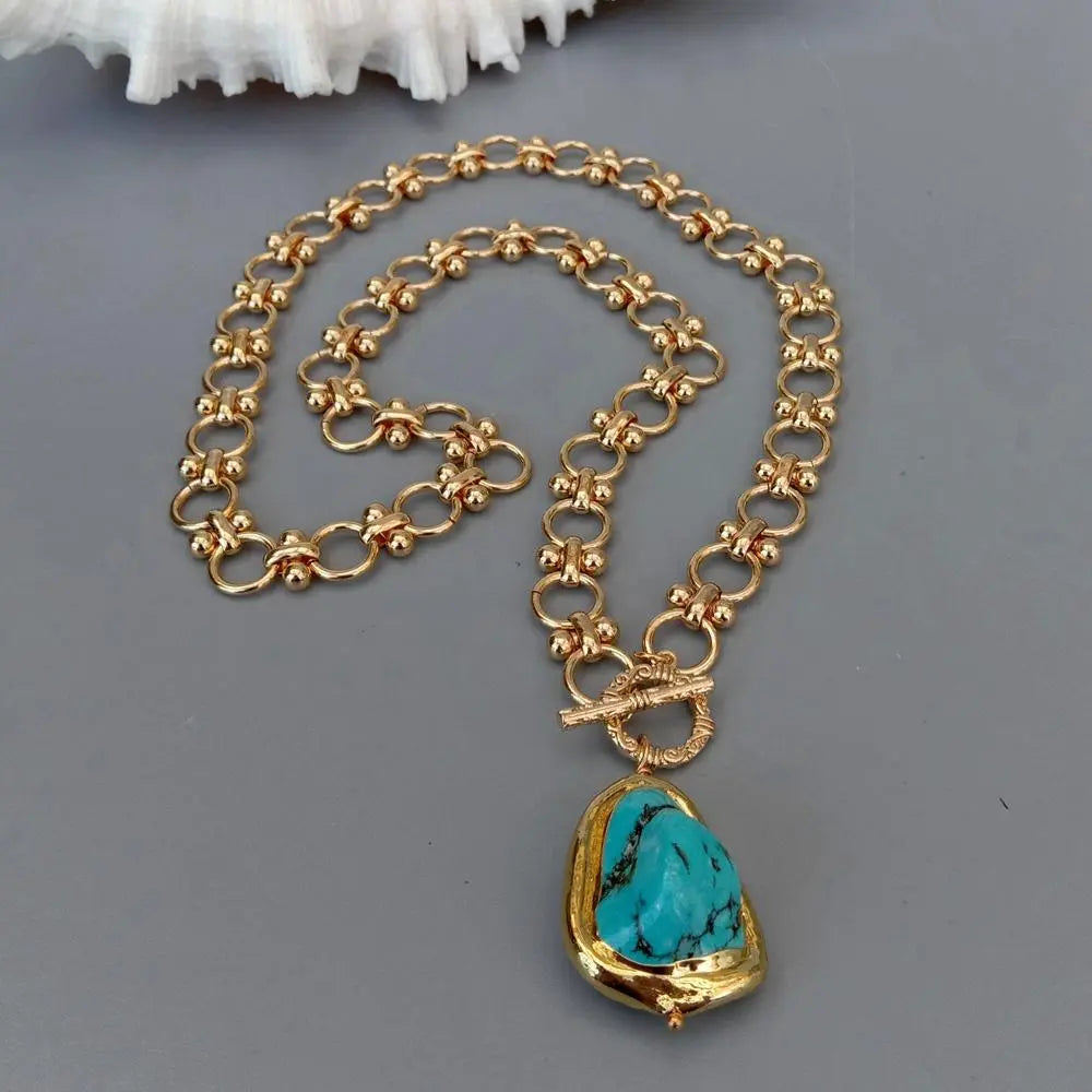 Y.YING Gold Plated Chain Chokers Necklace Blue Turquoise Pendant Designer Gems Jewelry