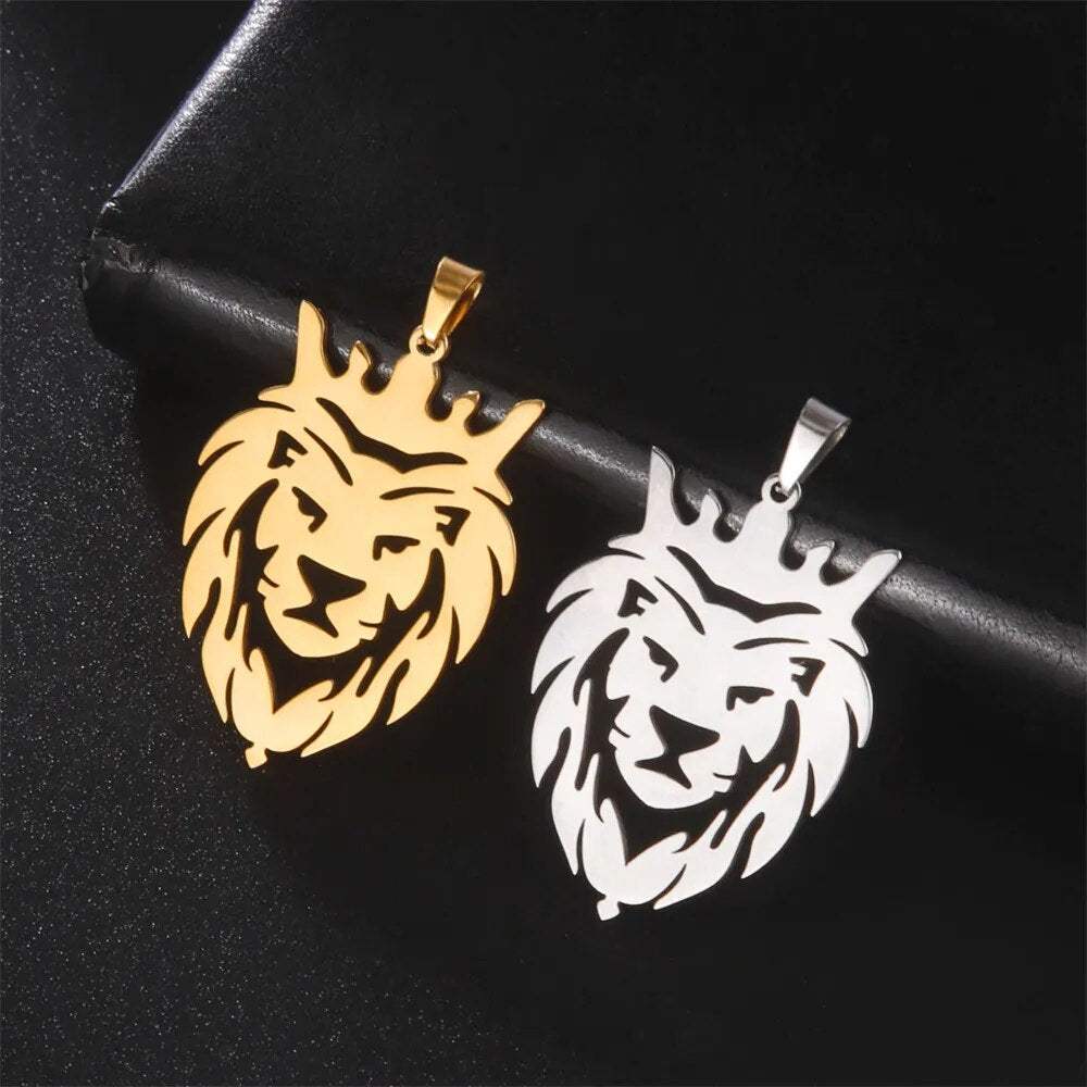 My Shape Lion with King Crown Necklaces for Men Boys Stainless Steel Punk Animal Pendant Men's Box Chain Choker Fashion Jewelry