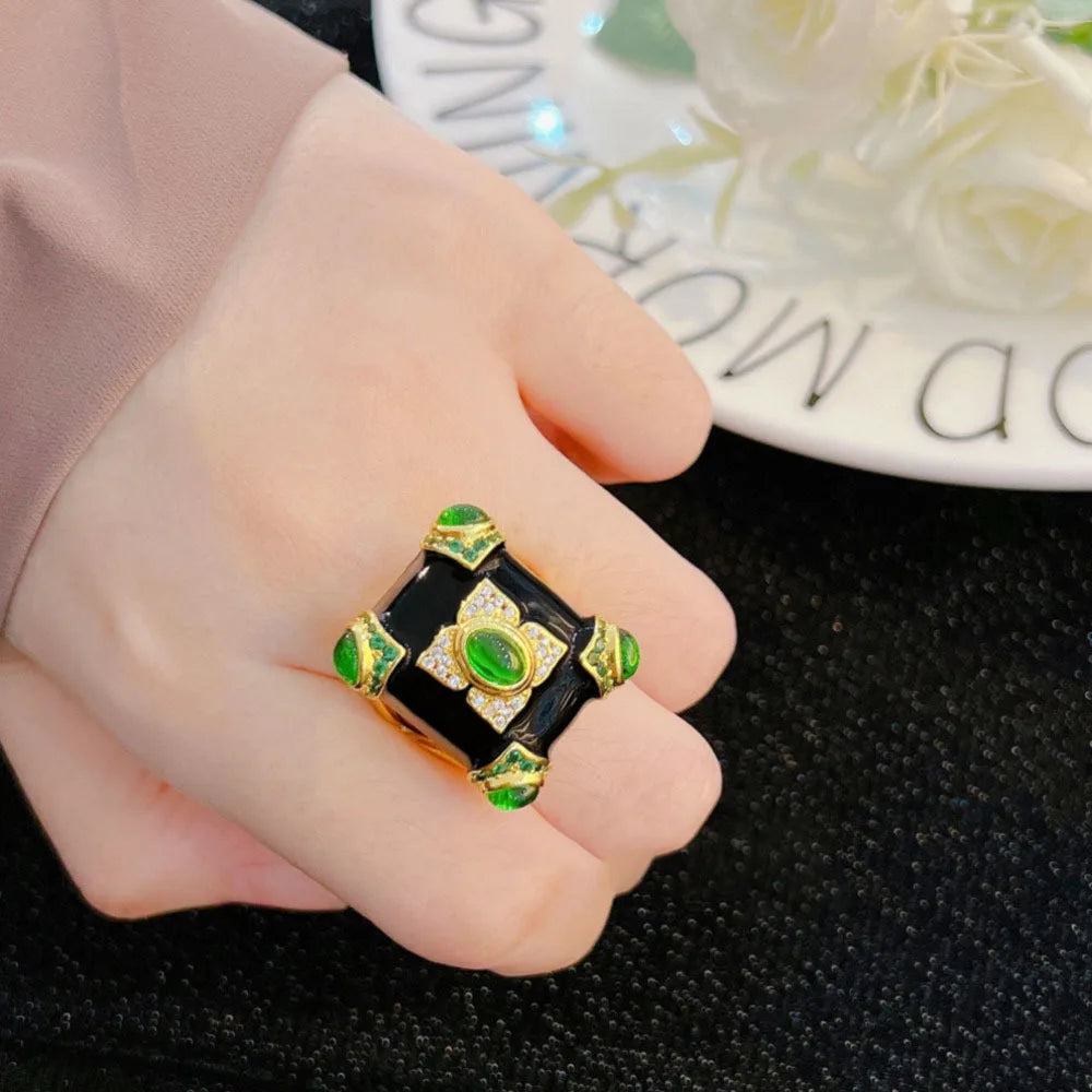 Emerald Glazed Black Onyx 18K Gold Plated Ring