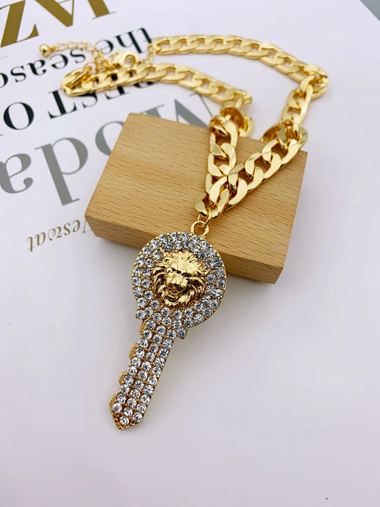 Blinged out Key Pendant with Lion Head Necklace