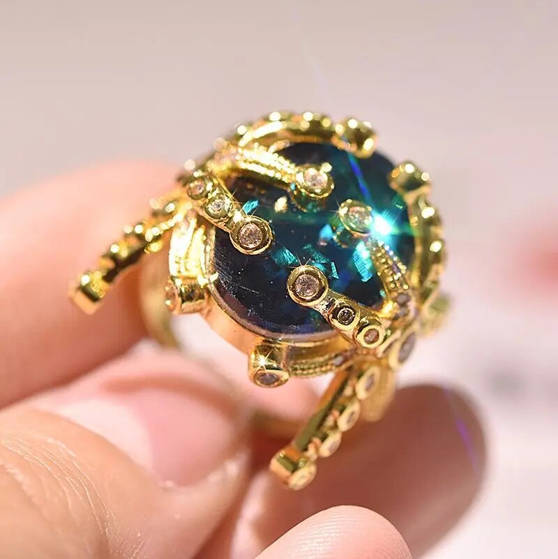 14k Gold Plated Sapphire Gemstone and Peacock Blue Topaz Stone Ring