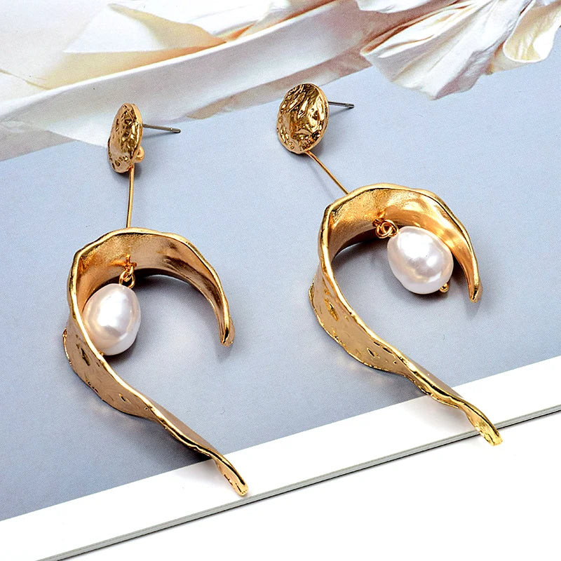 Simulated Pearl Gold Color Metal Long Drop Earrings
