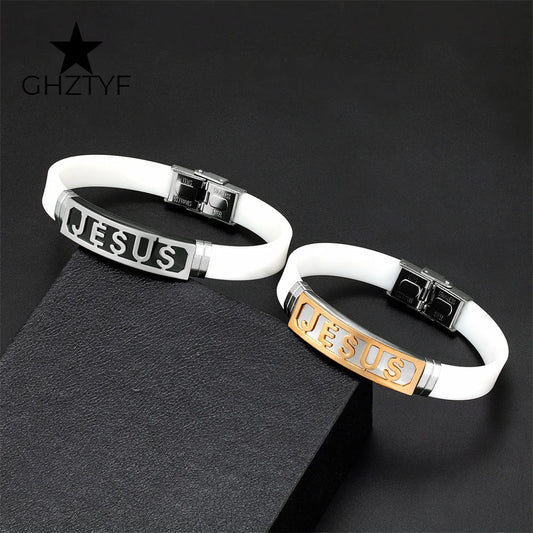 Christian Jewelry Jesus Bracelets Stainless Steel Accessories White Rubber Belt Man Women Hand Bangle Gift For Girlfriend Boys