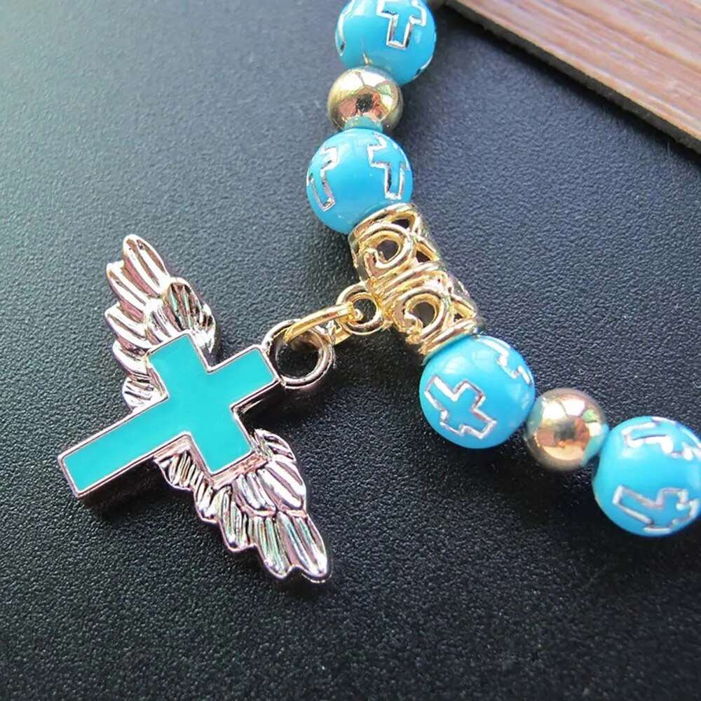 8MM Acrylic Bead Cross Angel Wing Pendant Bracelet For Women Men Girl Bohemian Rosary Bracelet Christian Jewelry Gift