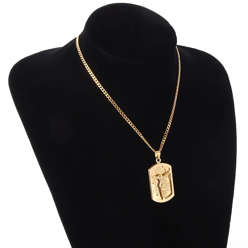 Gold Color Jewelry Necklace Jesus Christ Pendant Men Women Stainless Steel Cuban Chain Dog Tag Necklace Amulet Gift