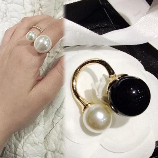 Double Pearl White Black Adjustable Ring