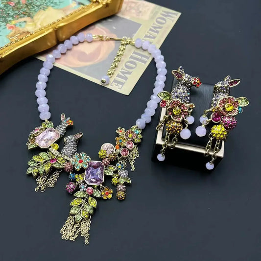 Floral Rhinestone Necklace with Rabbit detail
