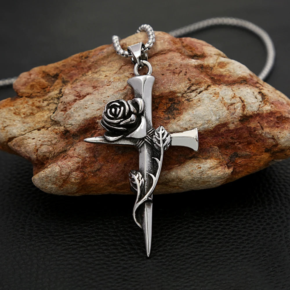Rose Cross Necklace Stainless Steel