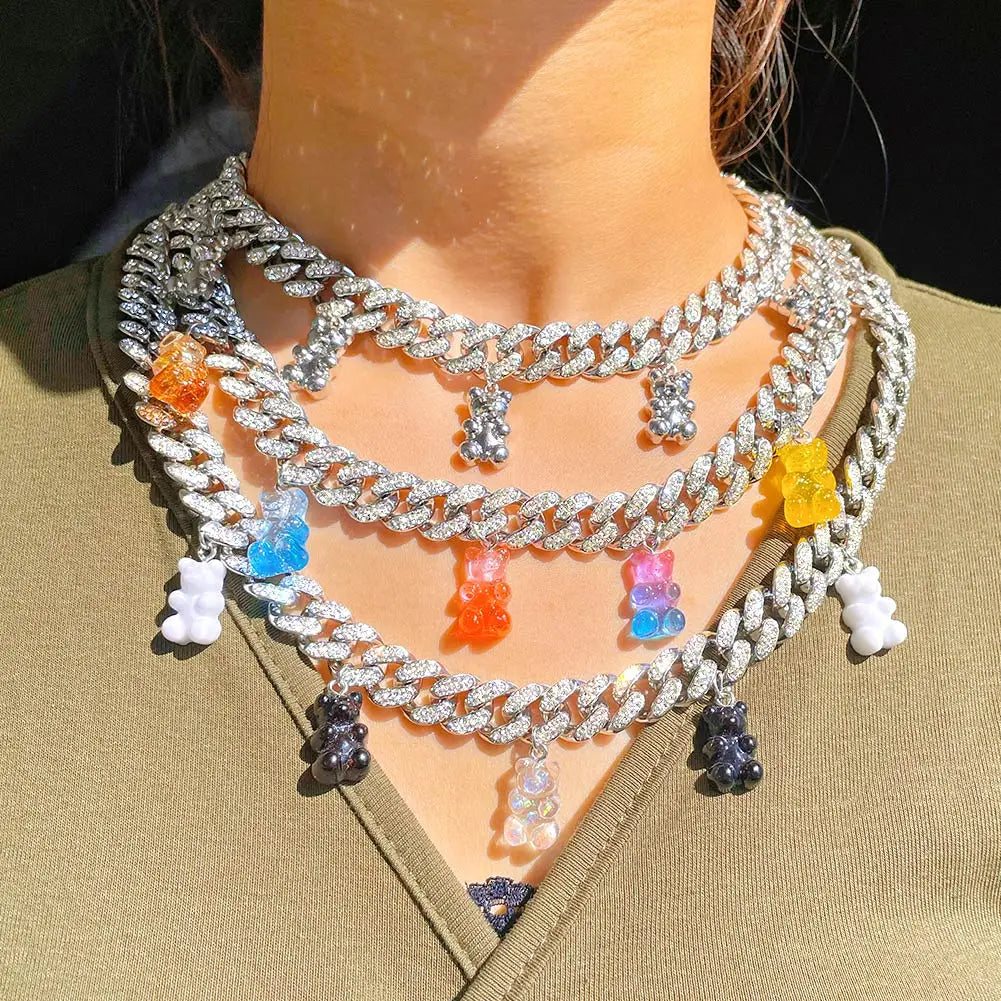 Colorful Crystal Acrylic Bear Pendant Cuban Necklace