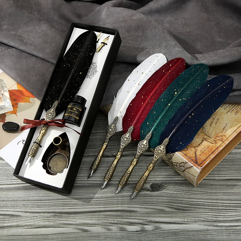 Calligraphy Feather Dip Pen with 2 Nib Set Quill Fountain Writing Pen Gift Box