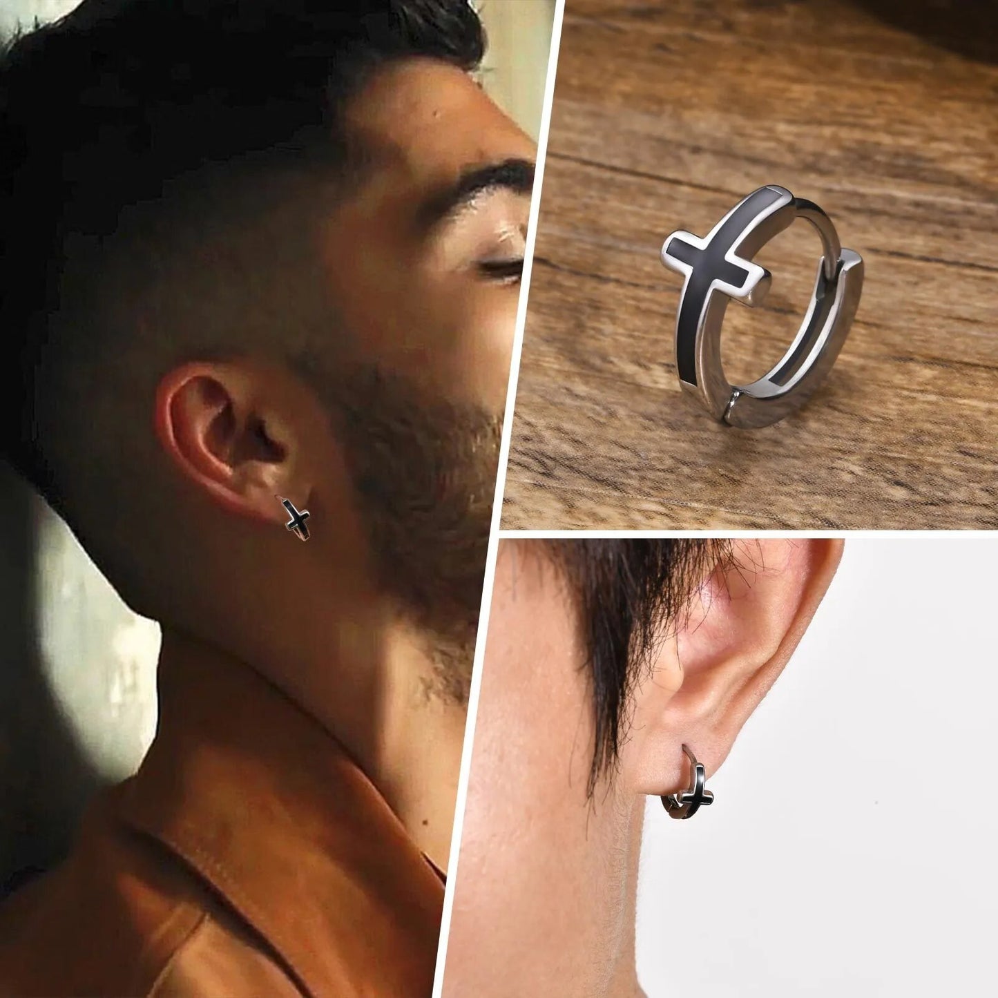 Men Cross Hoop Earrings for Boys, Waterproof Stainless Steel