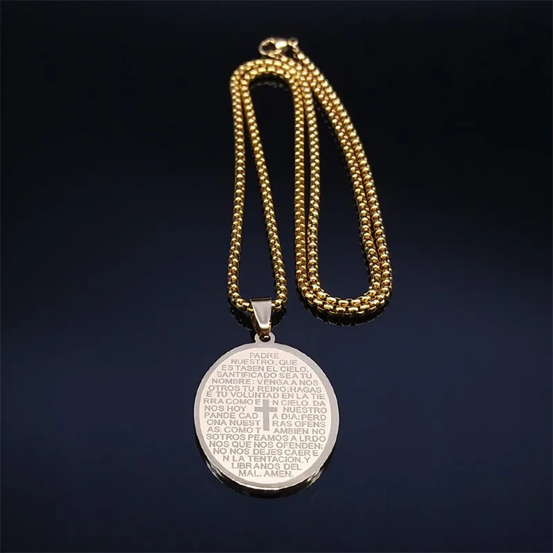 Cross Chain Necklace Stainless Steel with The Lord's Prayer in Spanish