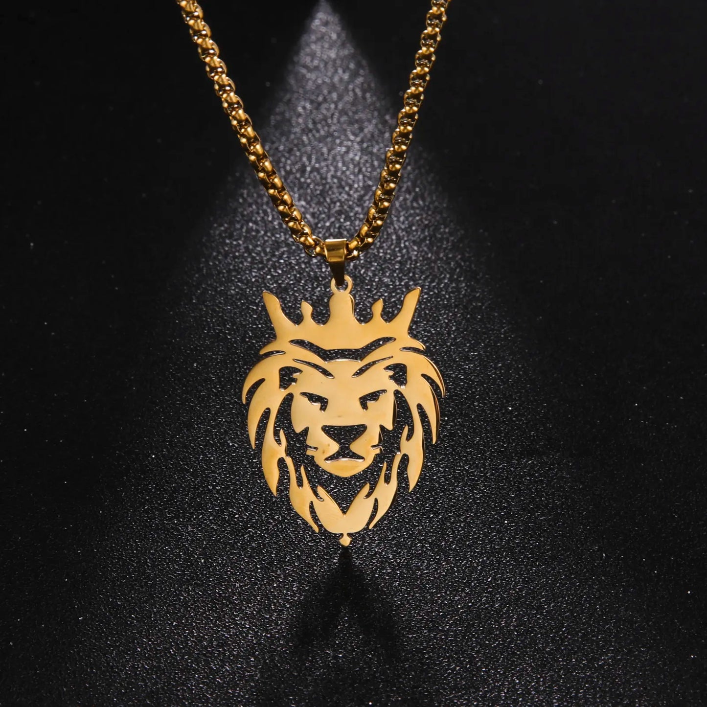 My Shape Lion with King Crown Necklaces for Men Boys Stainless Steel Punk Animal Pendant Men's Box Chain Choker Fashion Jewelry