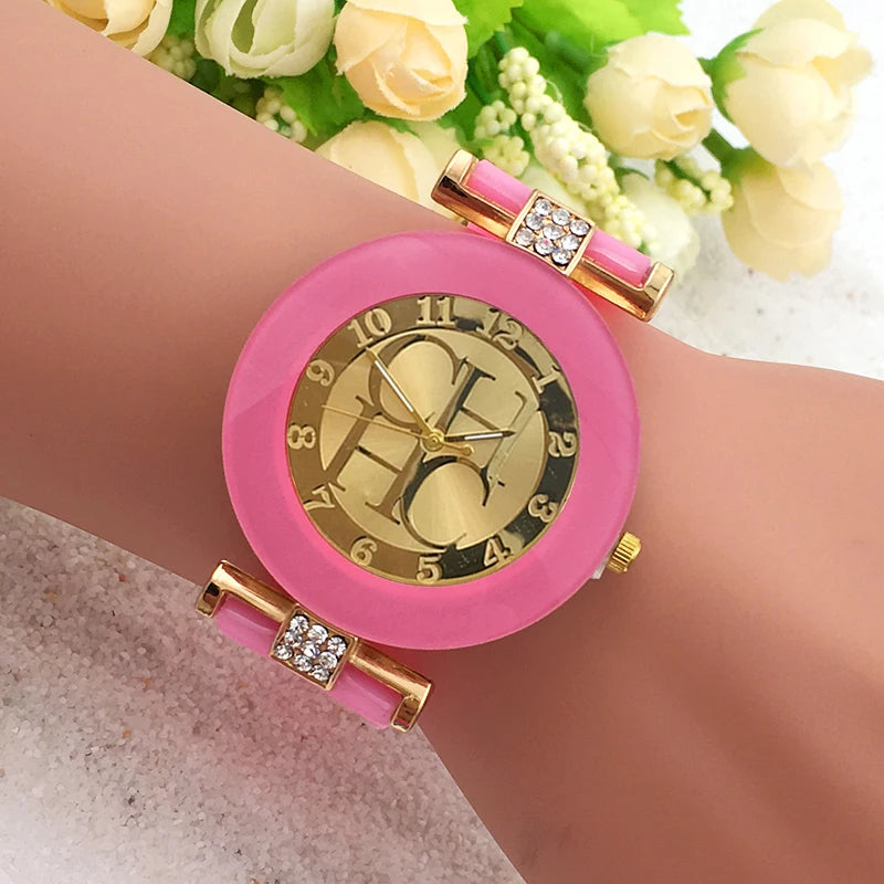 Silicone Casual Quartz Sports Watch with Crystal Detail