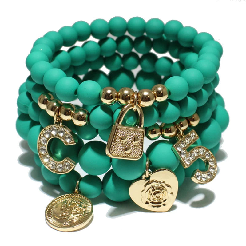 5 PCS Fashion Natural Stone Stretch Beaded Bracelets Set for Women Letter Pendant Adjustable Delicate Charms Bracelet Jewelry
