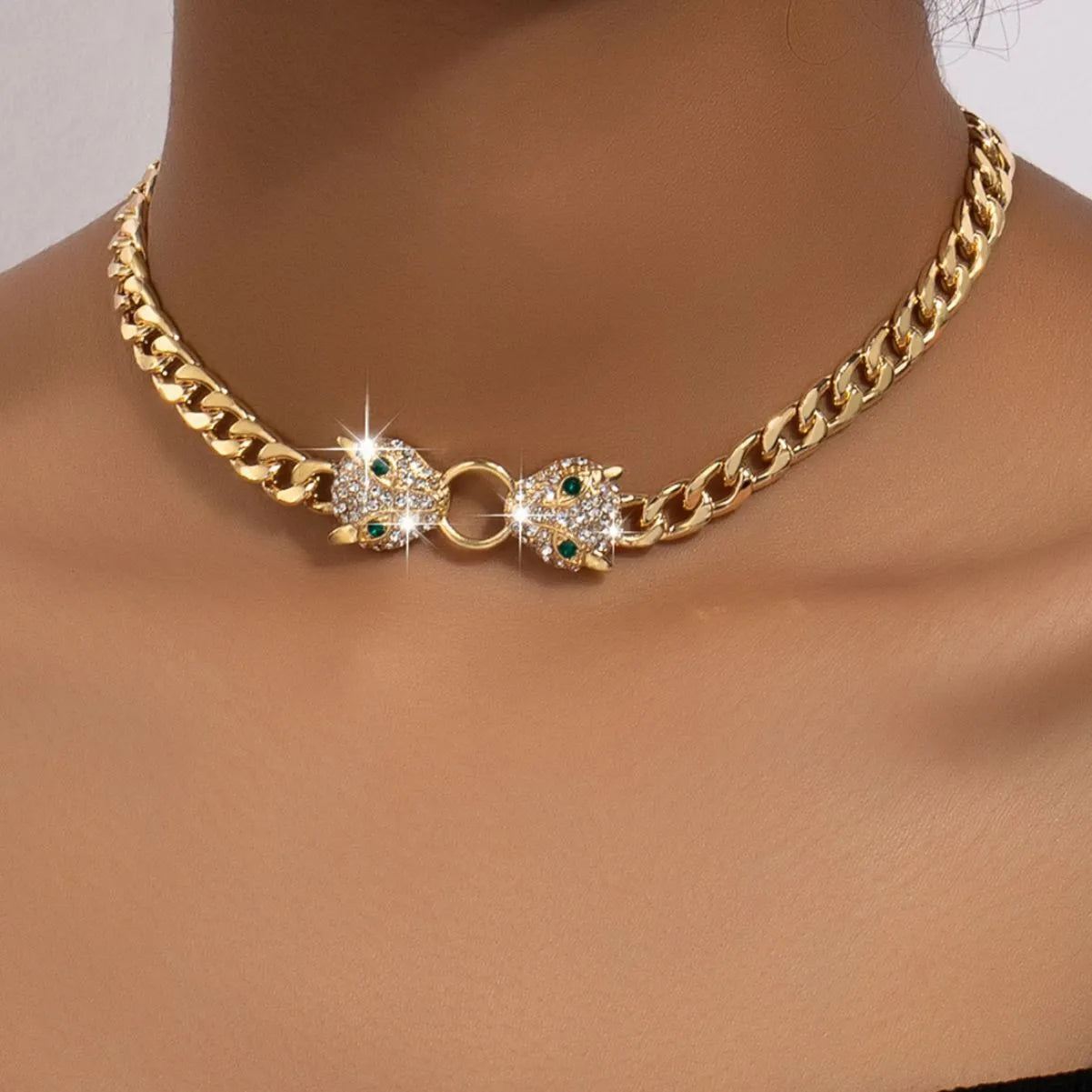Gold Plated Rhinestone Leoprad Head Necklace or bracelet