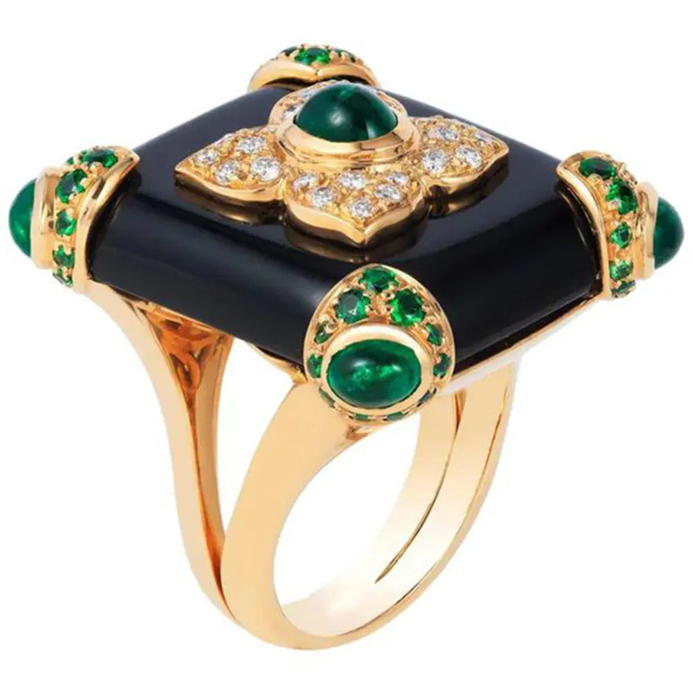 Emerald Glazed Black Onyx 18K Gold Plated Ring