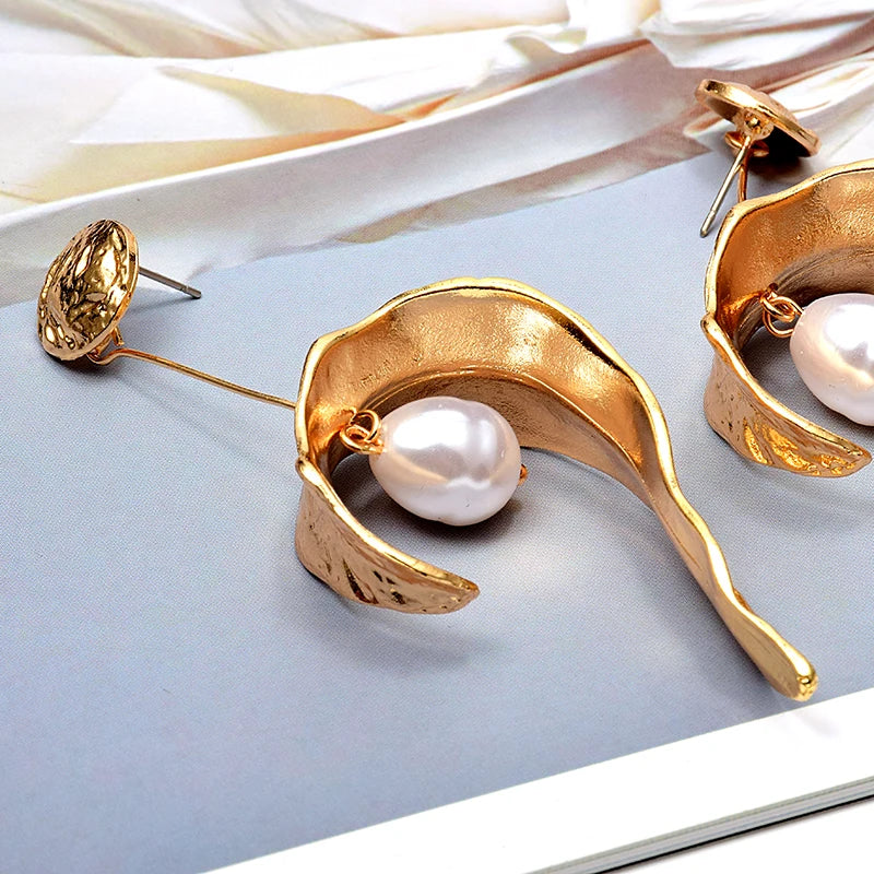 Simulated Pearl Gold Color Metal Long Drop Earrings