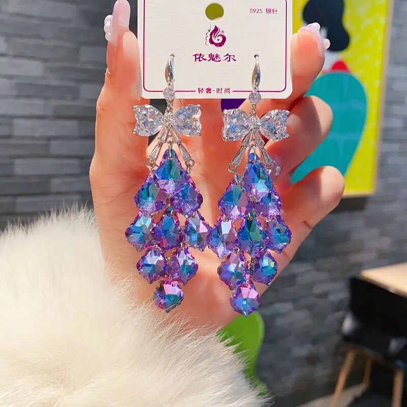 2023 New Colorful Purple Crystal Dangle Drop Earrings for Women Bohomia Trend Korea Fashion Luxury Wedding Party Banquet Jewelry