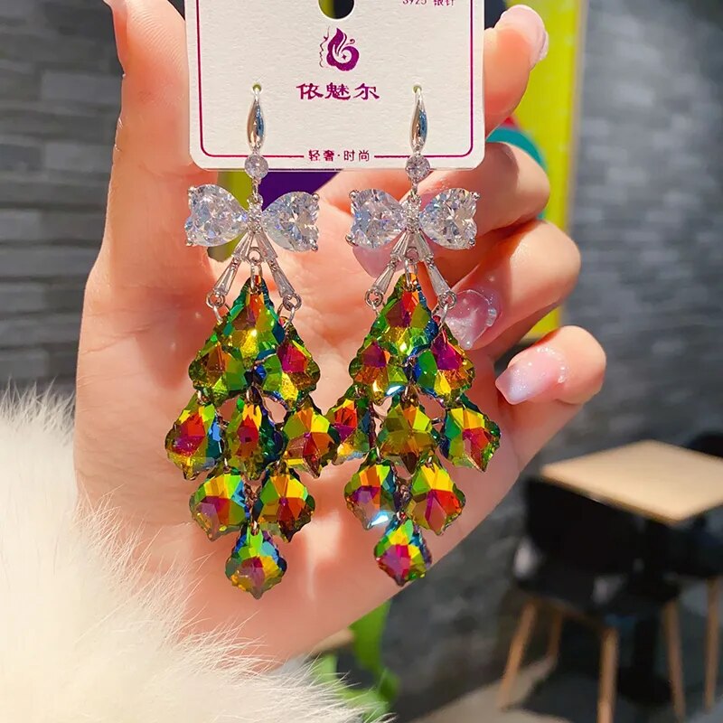 2023 New Colorful Purple Crystal Dangle Drop Earrings for Women Bohomia Trend Korea Fashion Luxury Wedding Party Banquet Jewelry