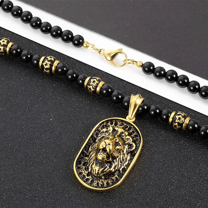 Agate Beads Chain with Lion Pendant