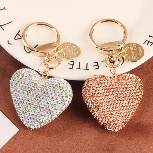 Full Rhinestone Heart Key Chains Women Handbag Pendant Keyring Solid Color Crystal Key Chain Couple Peach Heart Key Rings