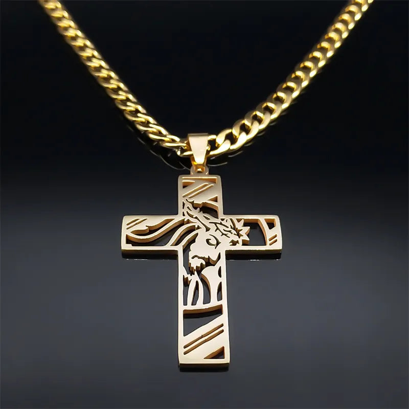Hip Hop Punk Crown of Thorns Jesus Cross Necklace for Men Stainless Steel Gold Plated Crucifix Pendant Necklaces Jewelry N8052