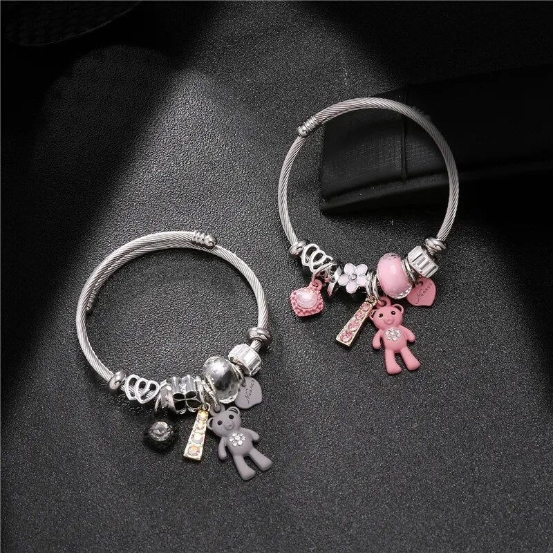 Fashion Bracelets & Bangles Stainless Steel DIY Jewelry Big Pink Bear Pendant Hearts Love Women's Bracelet Cuff Charms Pulseras
