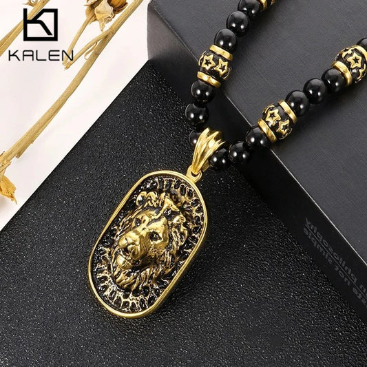 Agate Beads Chain and Lion Head Pendant