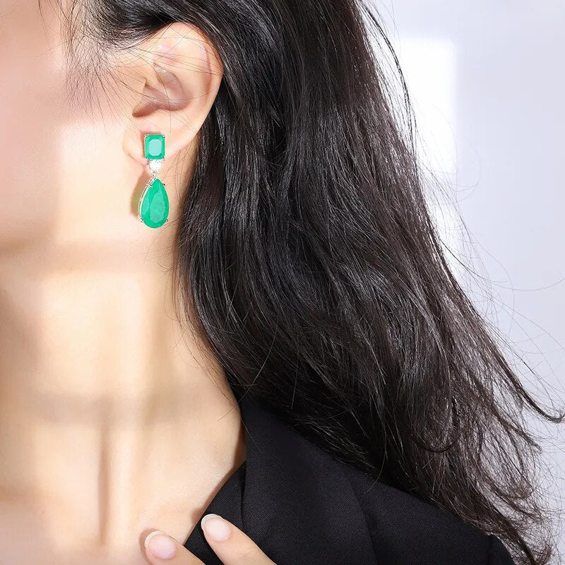 JitDoo Trend Paraiba Tourmaline Emerald Gemstone Big Drop Earrings