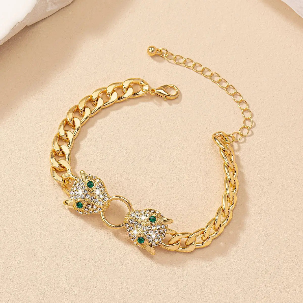 Gold Plated Rhinestone Leoprad Head Necklace or bracelet
