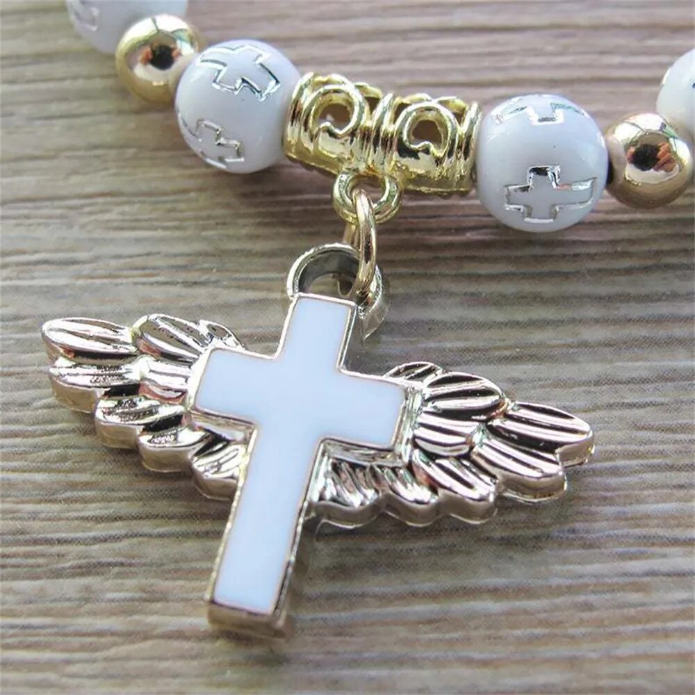 8MM Acrylic Bead Cross Angel Wing Pendant Bracelet For Women Men Girl Bohemian Rosary Bracelet Christian Jewelry Gift