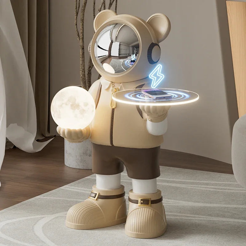 Large Bear Model Spaceman Figurine with Moon Lamp Light and Phone Charging Tray